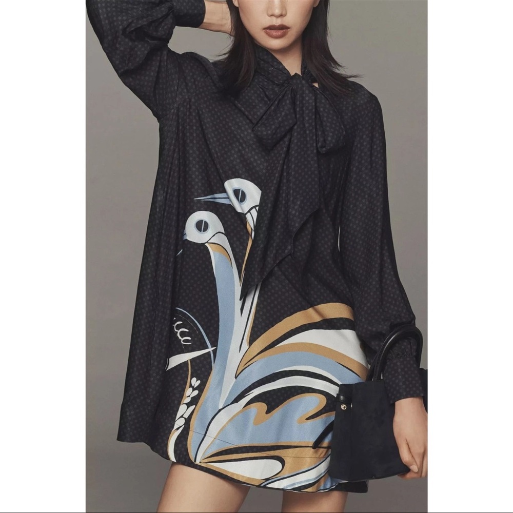 Maeve Black Swing Dress with Blue and Tan Swirl Hem - Picture 2 of 4